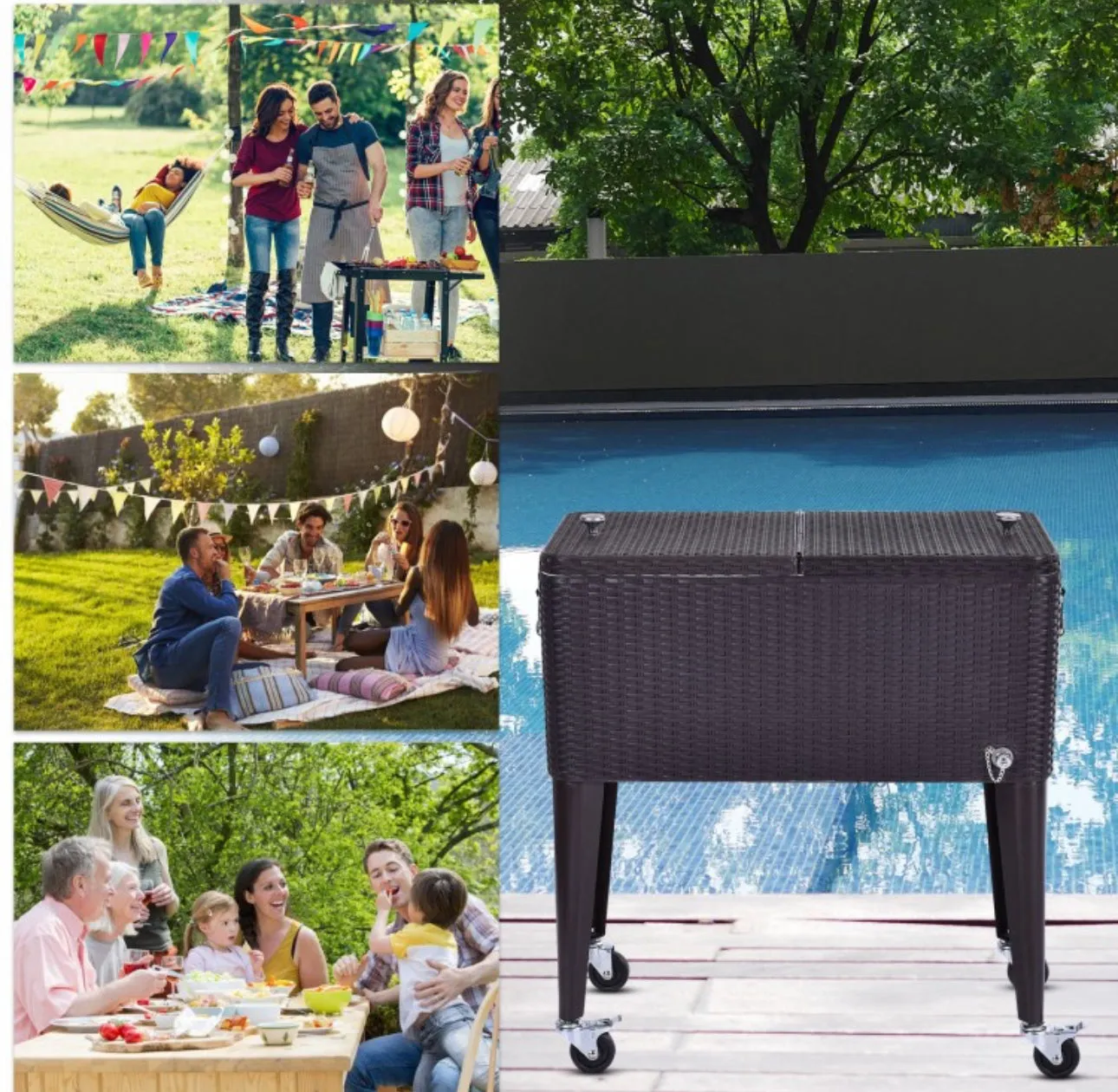 Heavy Duty Patio Super Cool Rattan Rolling Party Cooler Cart | Bottle Opener With Catcher | Handle | Rolling Wheels |