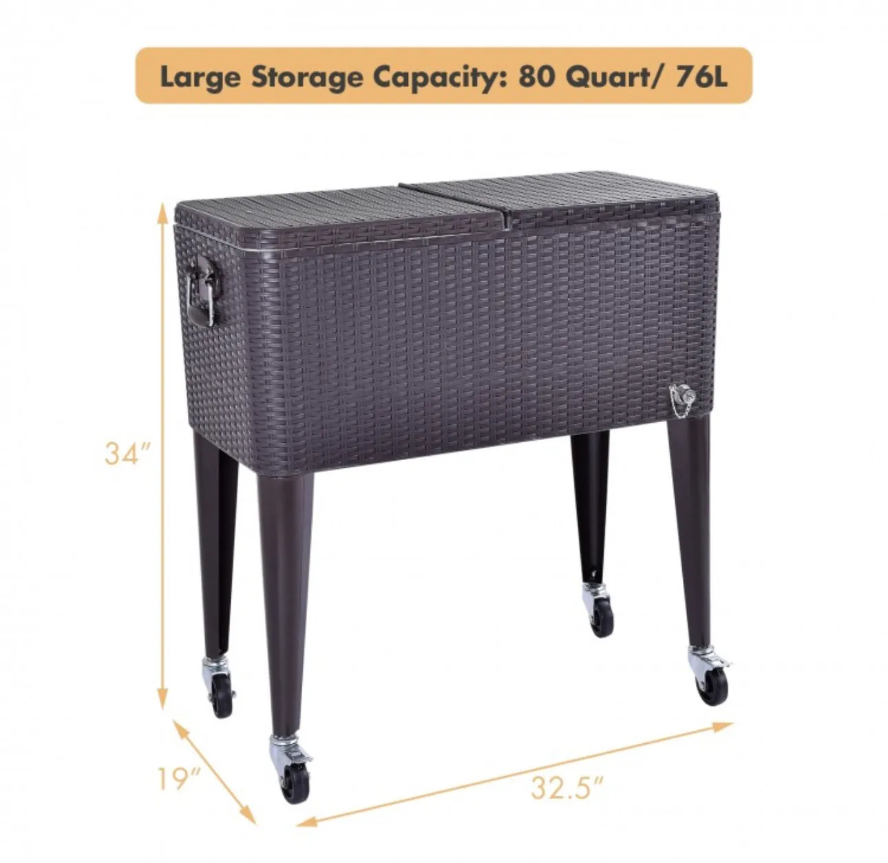 Heavy Duty Patio Super Cool Rattan Rolling Party Cooler Cart | Bottle Opener With Catcher | Handle | Rolling Wheels |