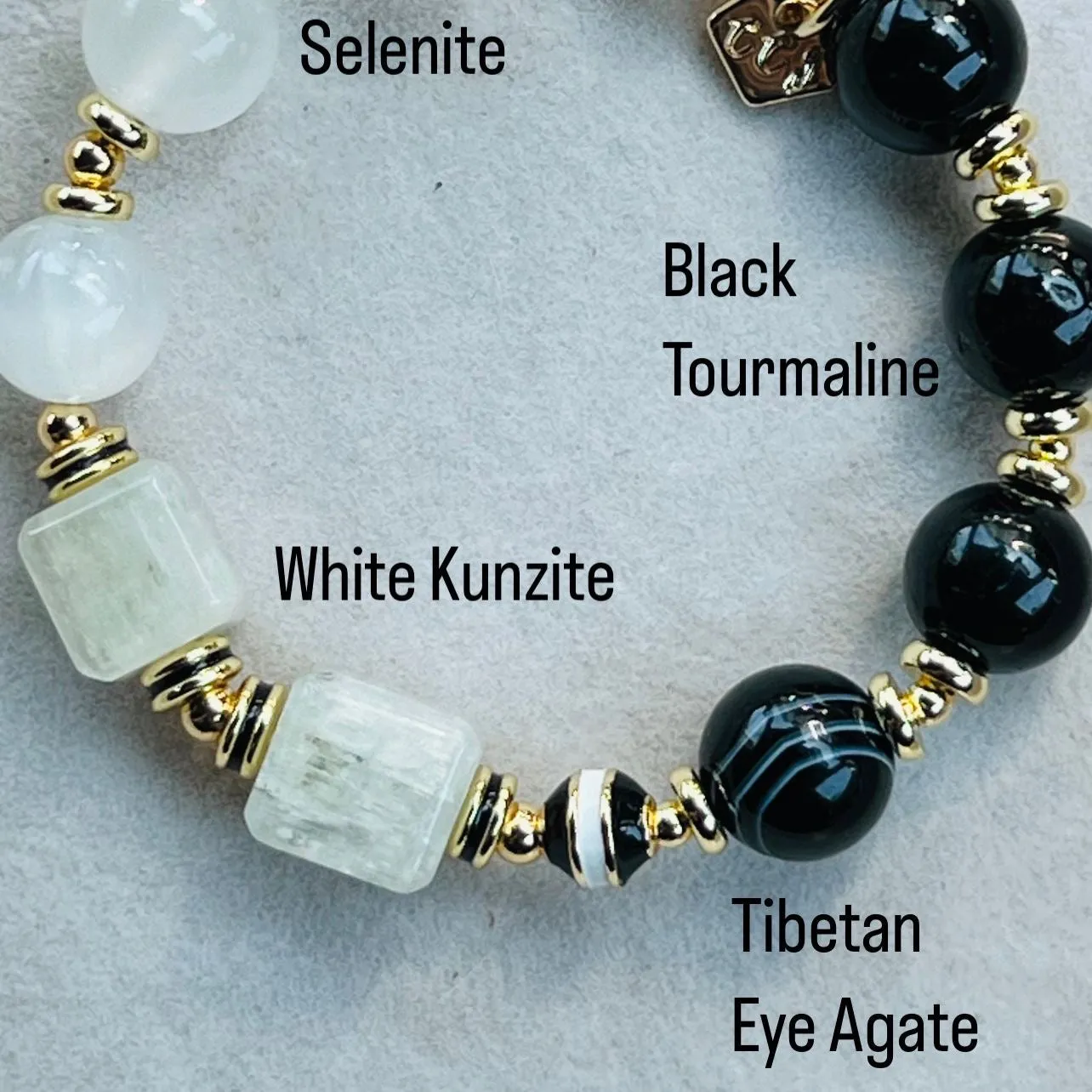 Tibetan Eye Agate,Tourmaline & Kunzite Cube Bracelet