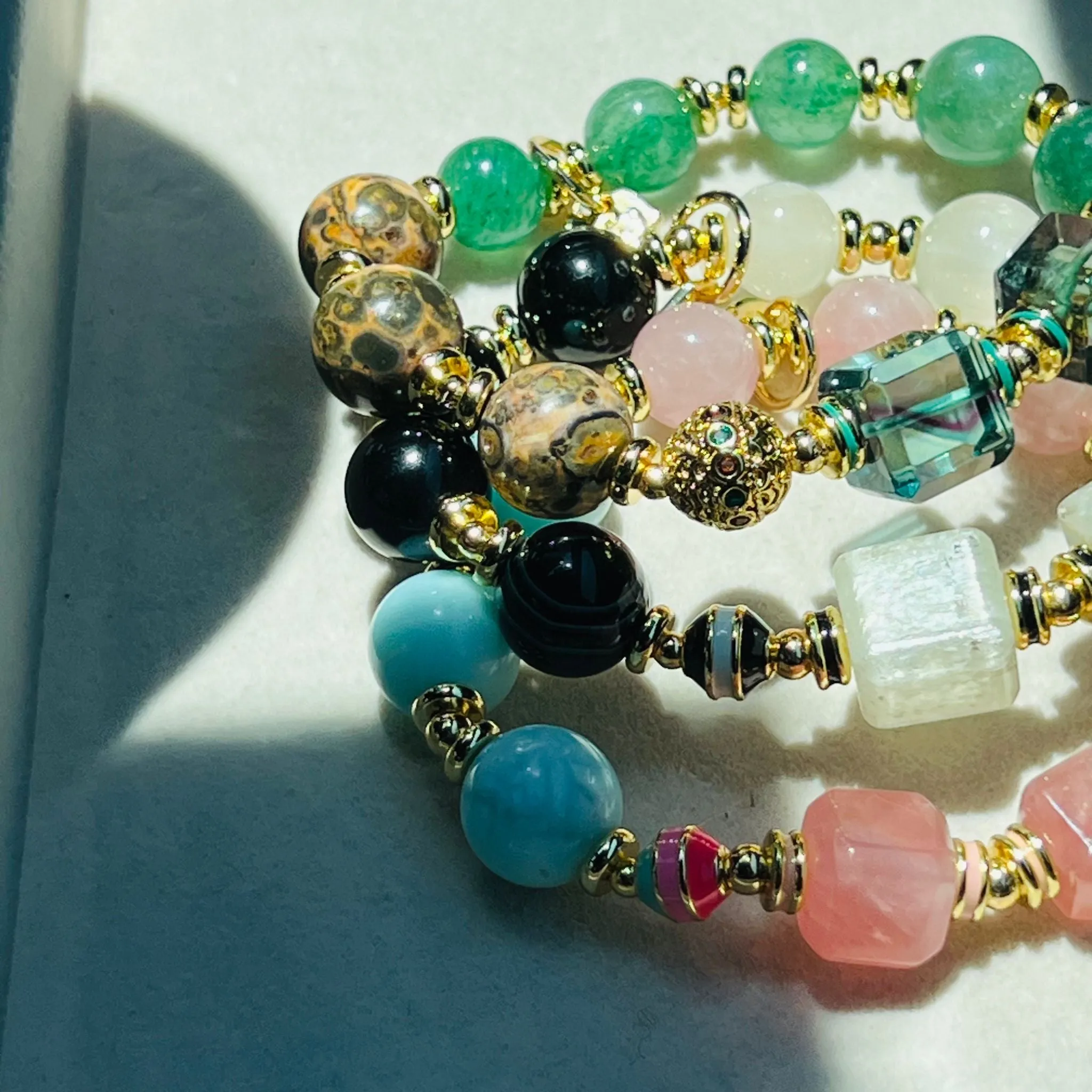 Tibetan Eye Agate,Tourmaline & Kunzite Cube Bracelet
