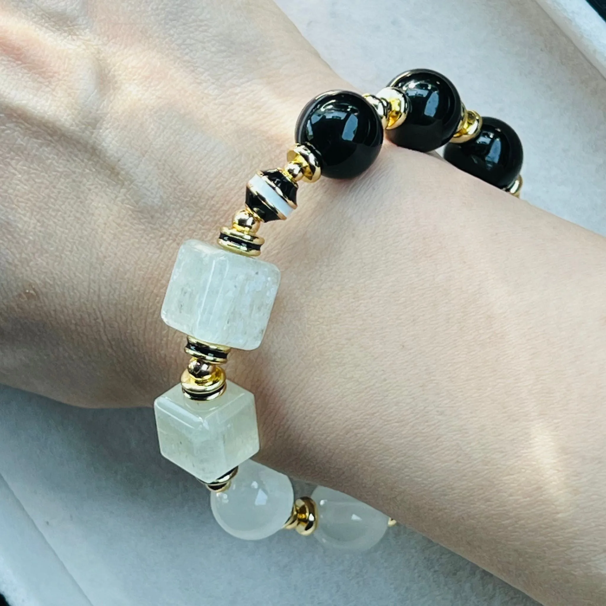 Tibetan Eye Agate,Tourmaline & Kunzite Cube Bracelet