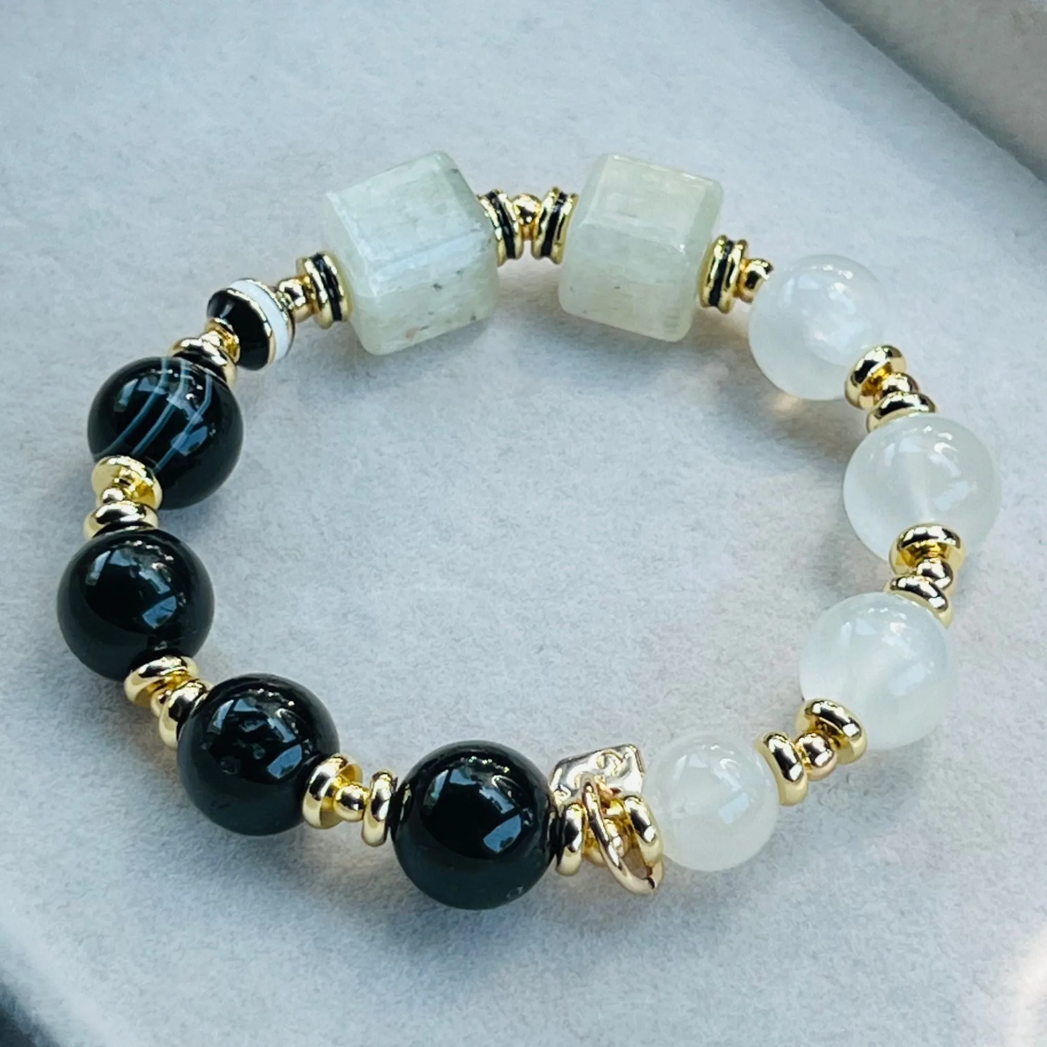 Tibetan Eye Agate,Tourmaline & Kunzite Cube Bracelet