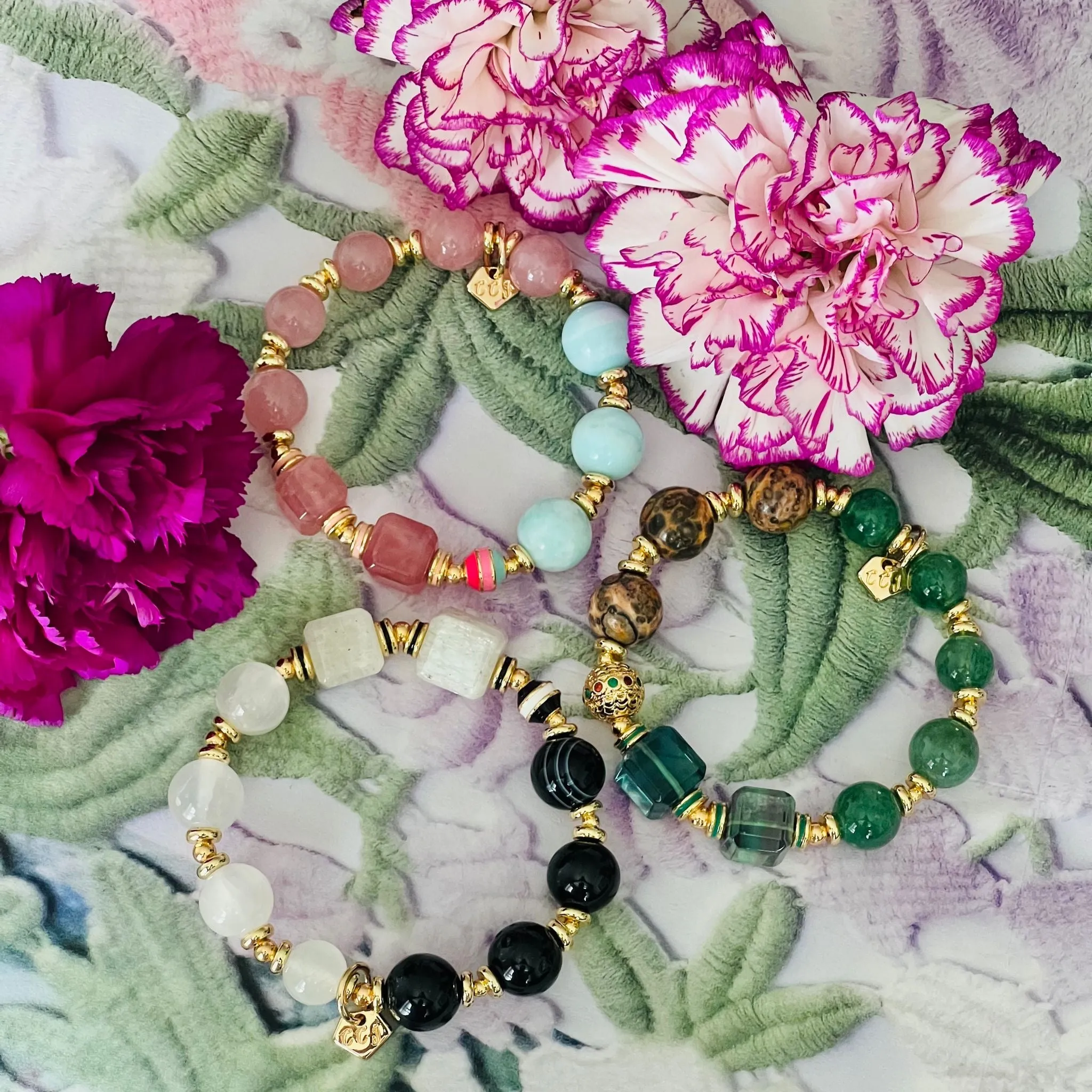 Tibetan Eye Agate,Tourmaline & Kunzite Cube Bracelet