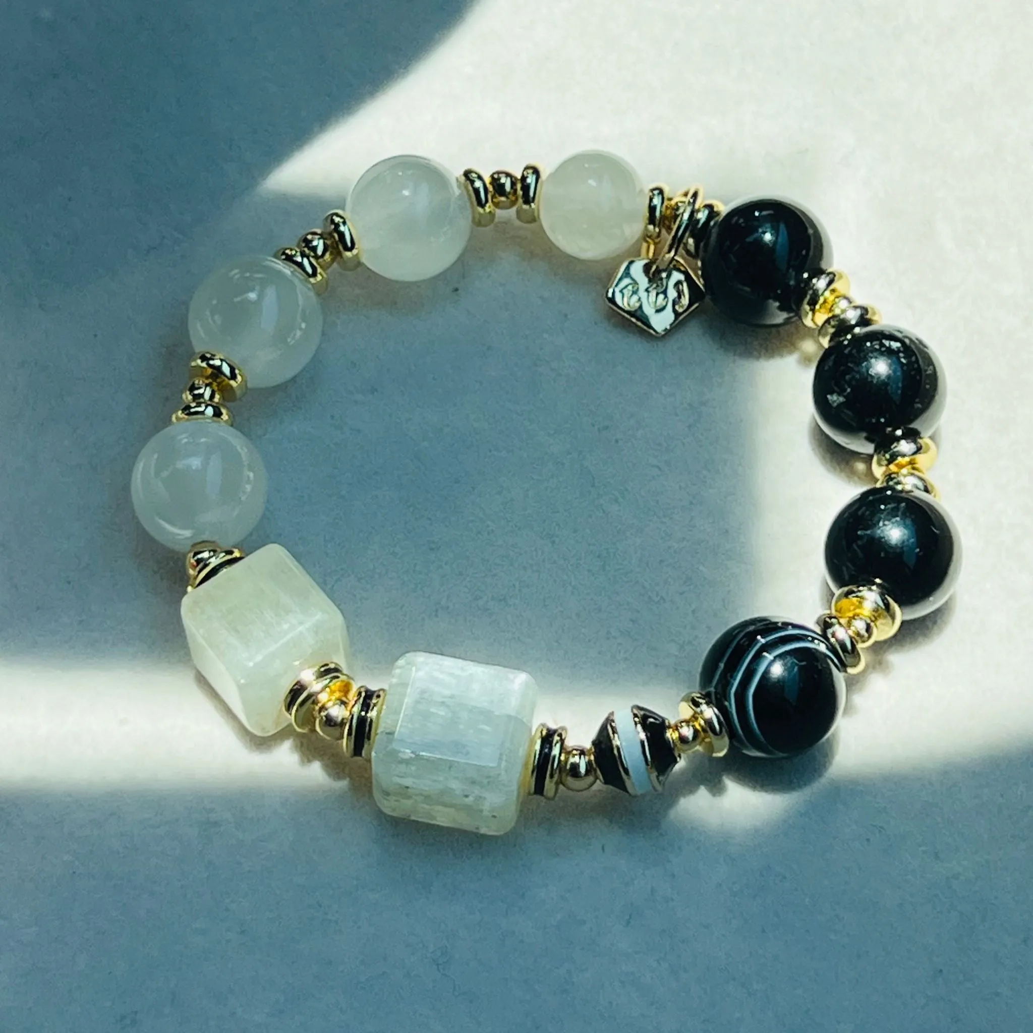Tibetan Eye Agate,Tourmaline & Kunzite Cube Bracelet